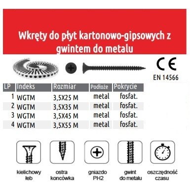 WKRĘTY NA TAŚMIE 3.5*55MM PŁYTA GK-PROFIL METAL/FOSFAT/PH2